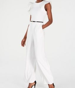 Calvin Klein Belted Ruffle-Sleeve Jumpsuit - Cream